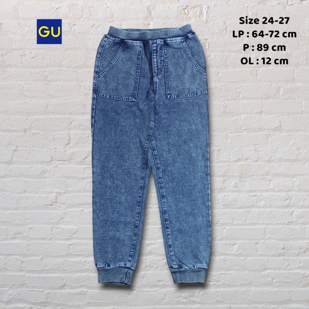 ขนาด 24-27 Longpants Jogger กางเกงยีนส์ GU Fatigue Blue Washed Second Preloved CJ215A