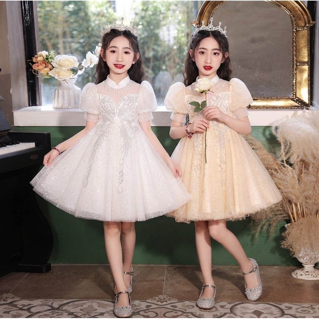 AGE 3/4-9TH D872-AZBBA DRESS (RANDOM CROWN) PEARL TASSEL NECK SHORT SLEEVES WITH WHITE AND CREAM SEQ