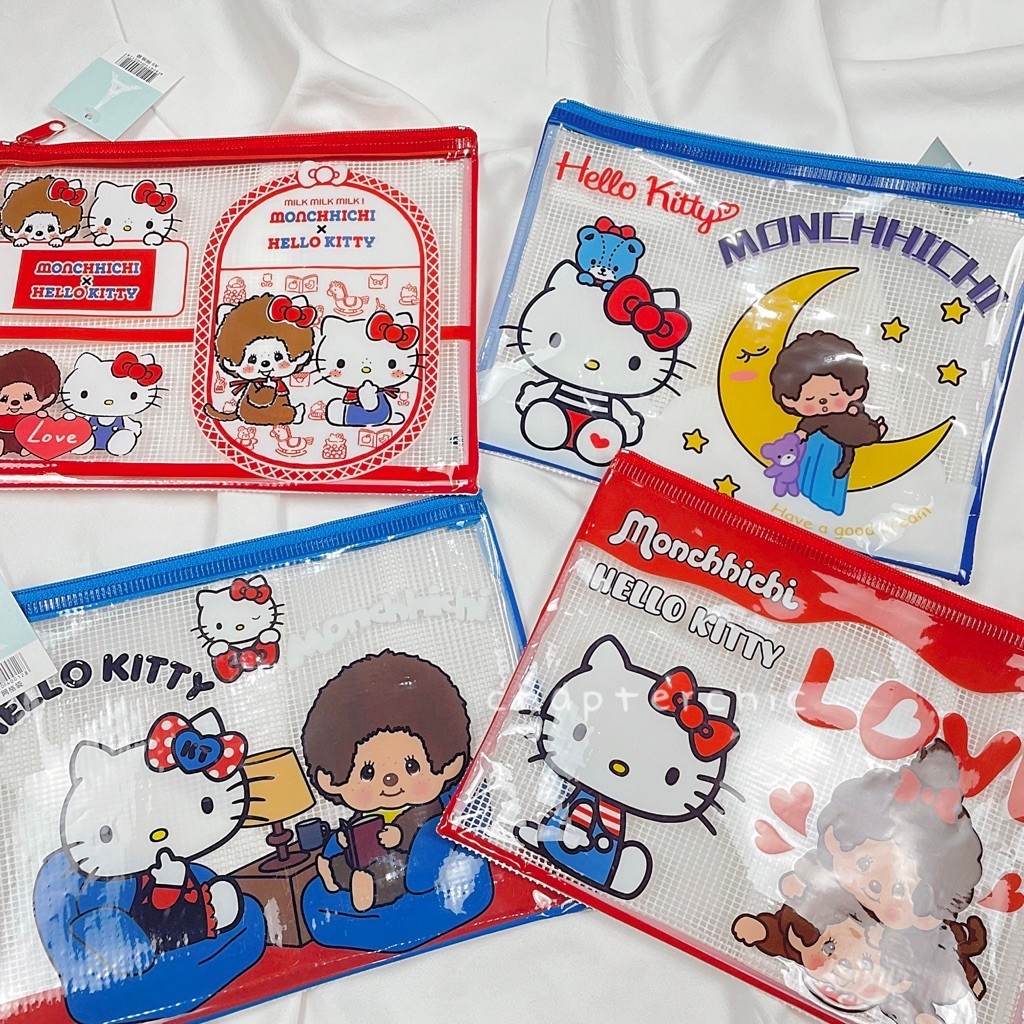 Monchichi และ Hello Kitty กระเป๋าตาข่ายน่ารักสําหรับโรงเรียนเด็กอเนกประสงค์กระเป๋าเดินทางพลาสติกกันน