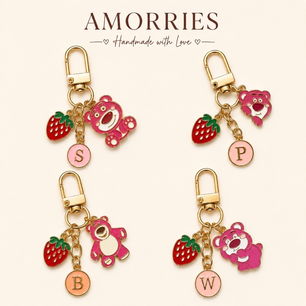 GANTUNGAN LOTSO Bear KEYCHAIN Cute Resin Pink Strawberry GOLD KEYCHAIN