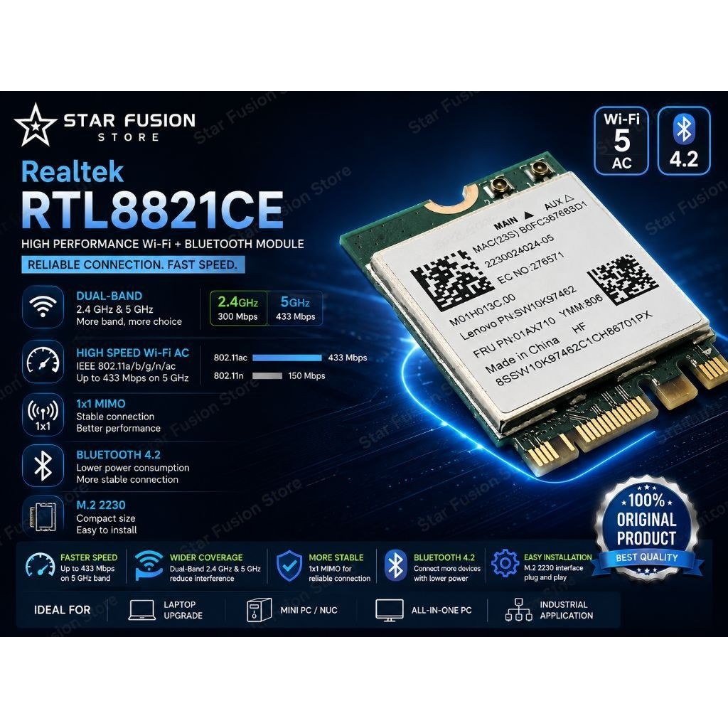 Realtek RTL8821CE การ์ด WiFi Dual Band 2.4 GHz 5 GHz