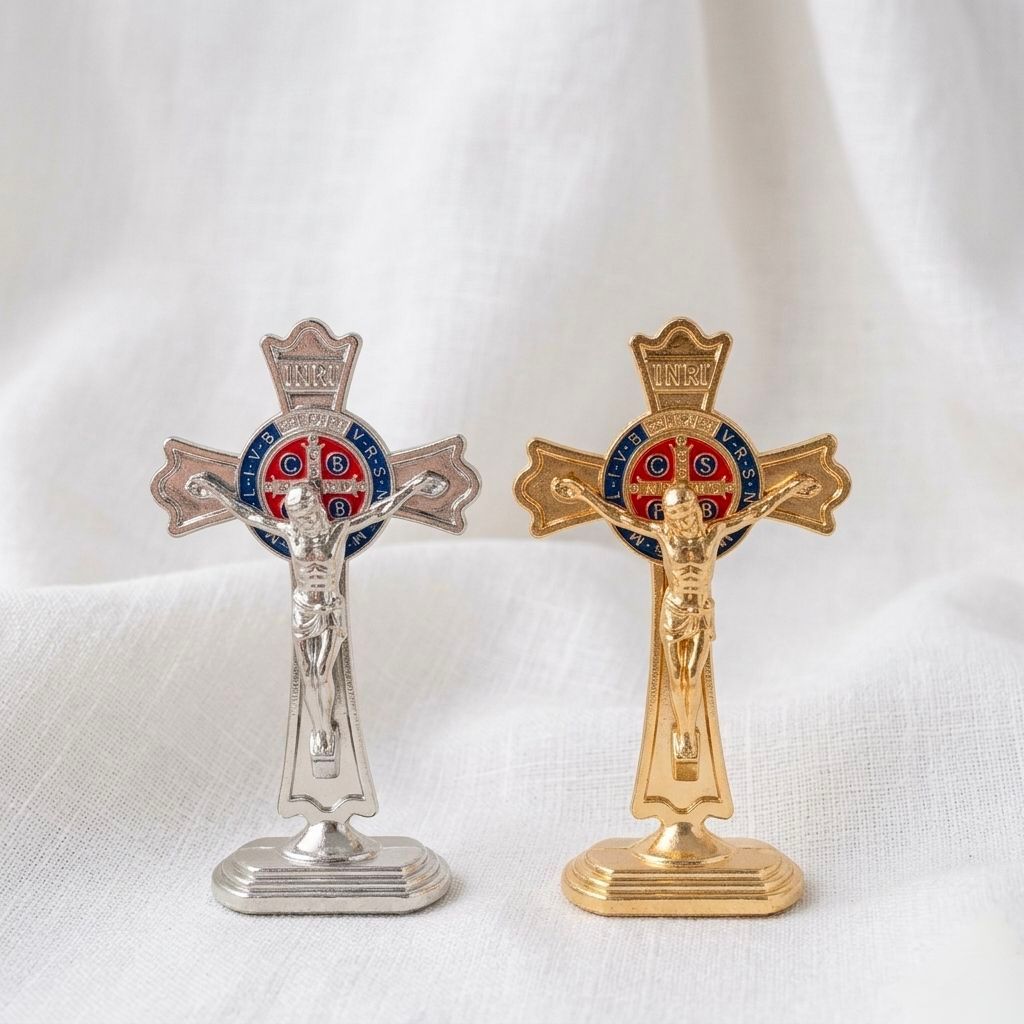 Benedict Flower Sitting Cross 8cm (7639) - Benedict Cross Display - Bnd Sitting Cross - Table Cross 