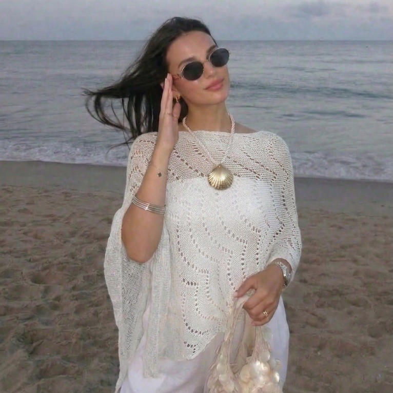 Marina Poncho Scallop ถักด้านนอก - ผู้หญิงปิดไหล่ถักแจ๊กเก็ตชายหาด Top