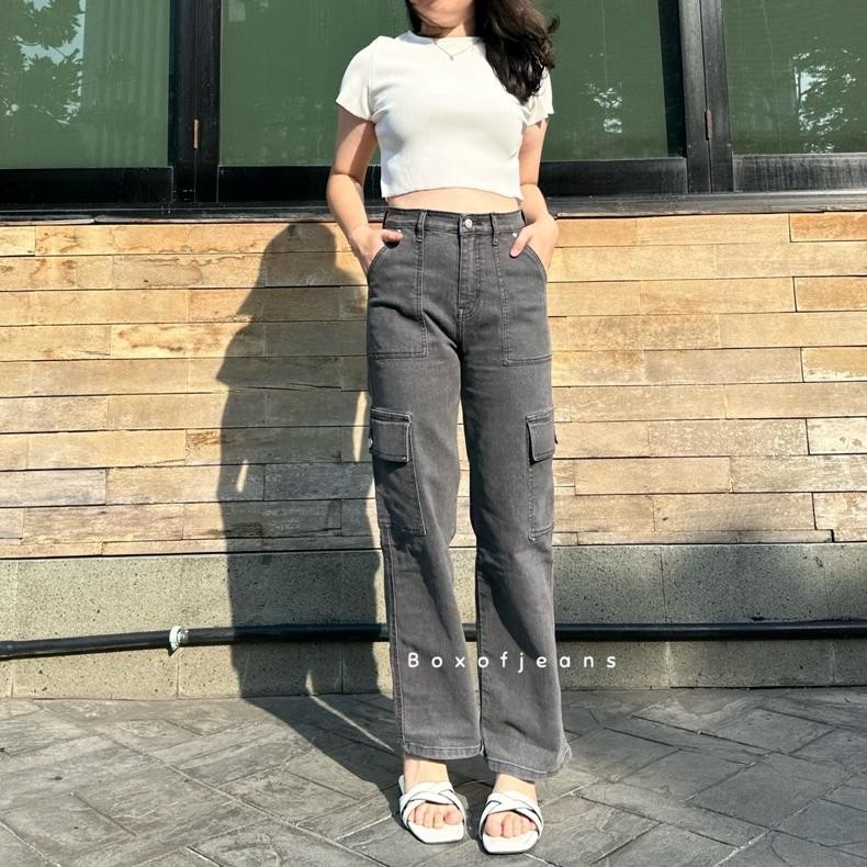 Bf888S Boxofjeans - Joy Cargo Stretched Loose Jeans - สีเทา An-139