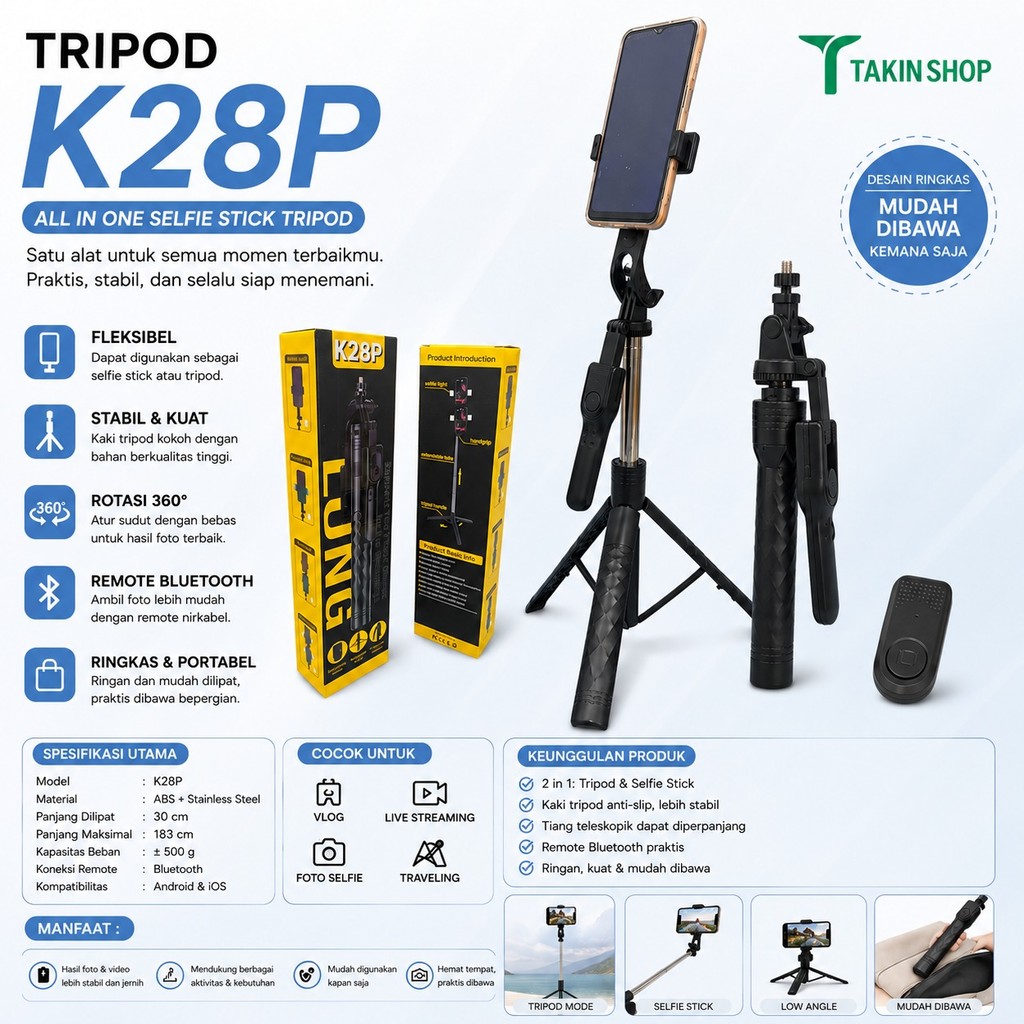 Tongsis Selfie Stick K28P ขาตั้งกล้องระยะไกลบลูทูธ All In One 183 ซม.สําหรับกล้อง Handphone Go Pro ม