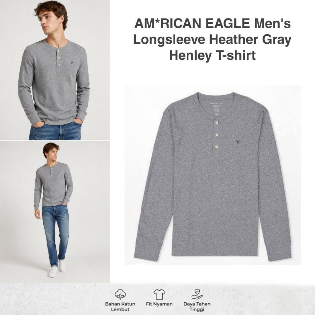 AMRCN EGL Mens Longsleeves Heather Grey Henley T-shirt / original branded Mens Henley T-shirt / เสื้