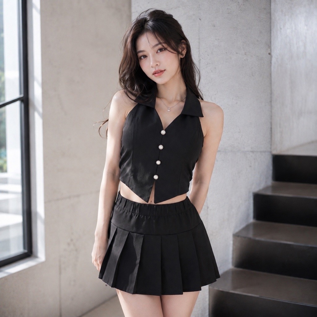 (ข้อเสนอพิเศษ) Fashoper Mulan Set Women Bangkok Premium Short Skirt Halter Collar Top & Pleated Mini