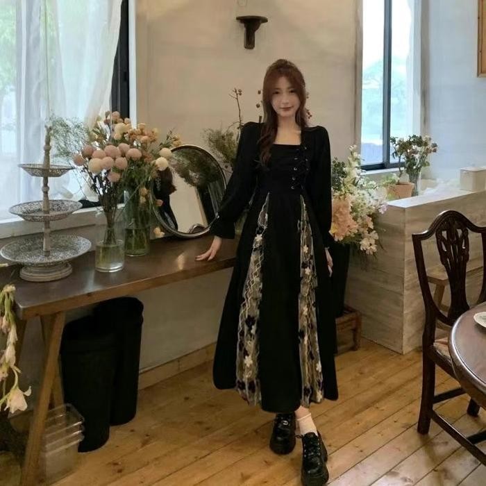DFS สาวแรก - เดรสยาว Retro Elegant Squer คอภาษาฝรั่งเศสคําสีดําชุด Maxi Squer คอแขนยาว- G039 สบายชุด