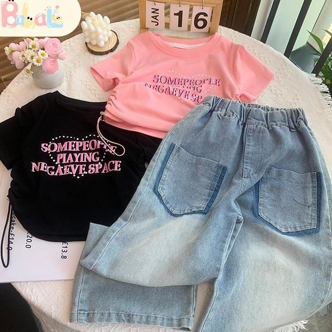 BALALE IMPORTED GIRLS SUITS AMBER DENIM KIDS SUITS ONE SET COOL KIDS PANTS แฟชั่นเสื้อผ้า CODE 173