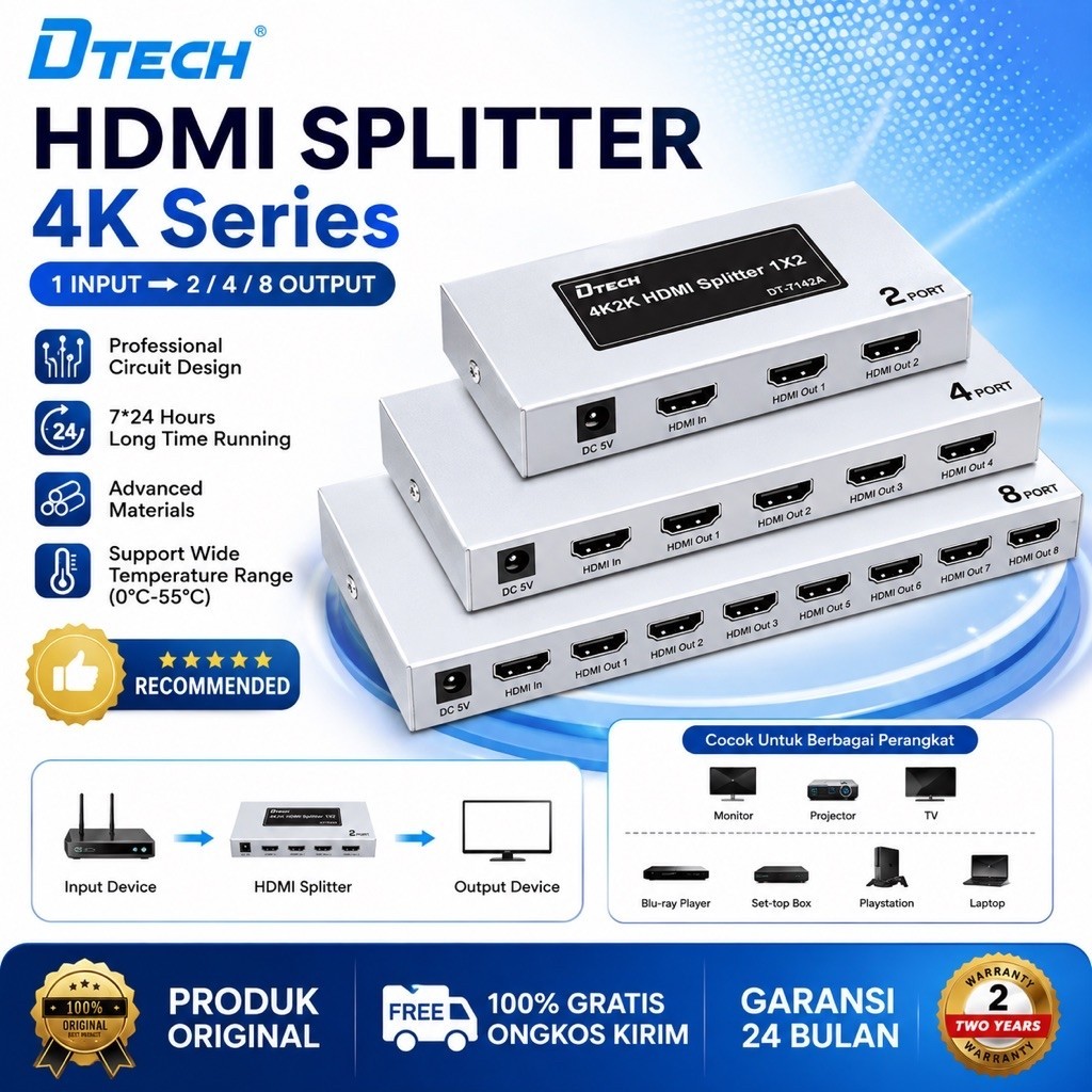 DTECH HDMI Splitter 4K Series 2 Port, 4 Port, 8 Port 4Kx2K Official Warranty