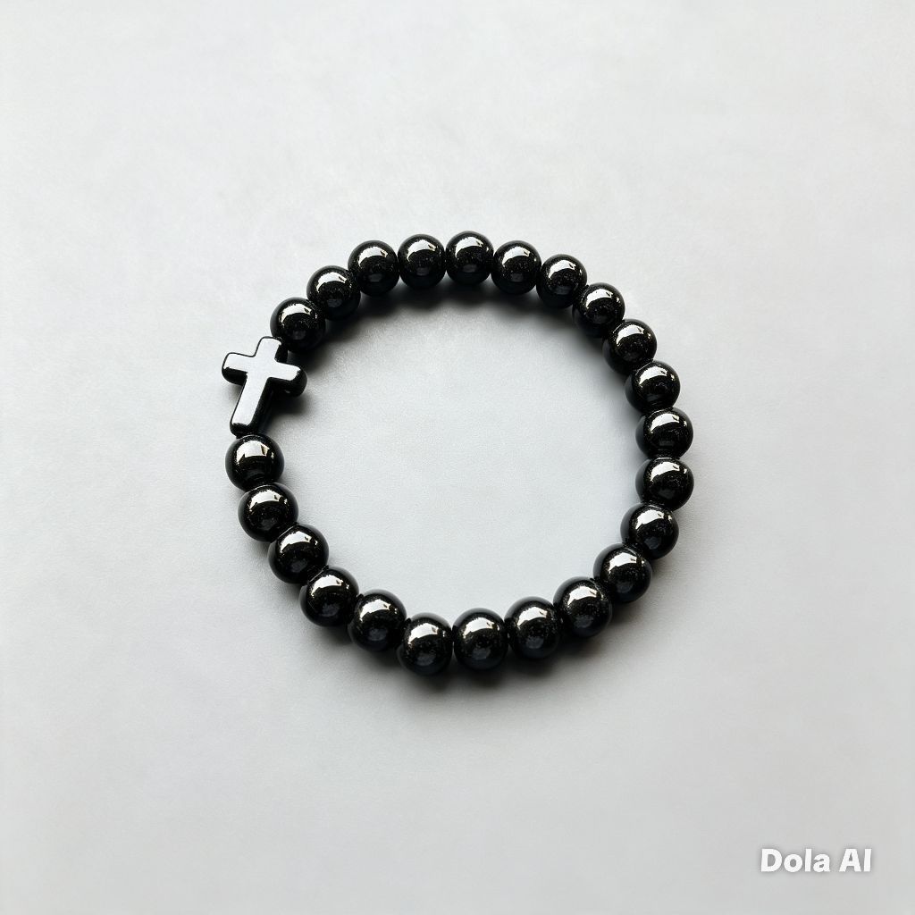 G129 สีดําและสีขาว HEAVY PEARL CROSS BRACELET