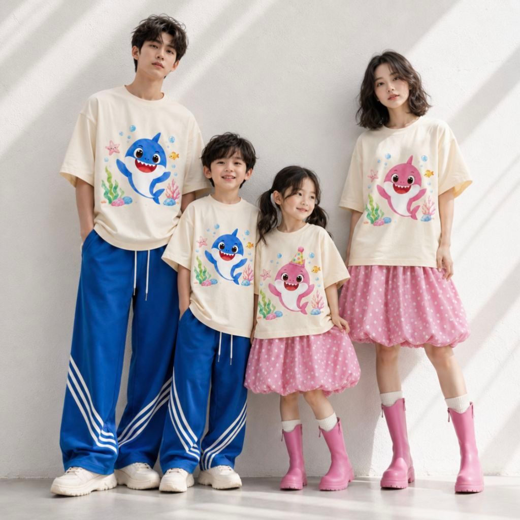 YG Neenod Shark Blue & Pink family เสื้อยืดสําหรับงานเลี้ยงวันเกิดคู่ family dresscode วัสดุผ้าฝ้ายพ
