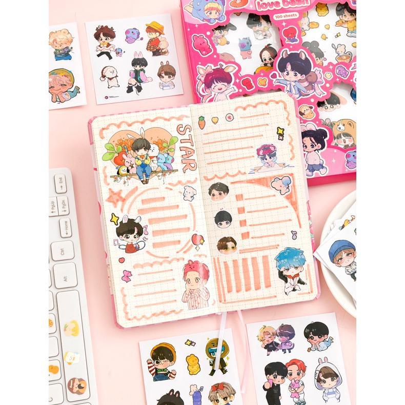กล่องสติ๊กเกอร์ 100 แผ่น BTS Bt 21 Tinytan Korea Waterproof New Jungkook Jimin Stickers