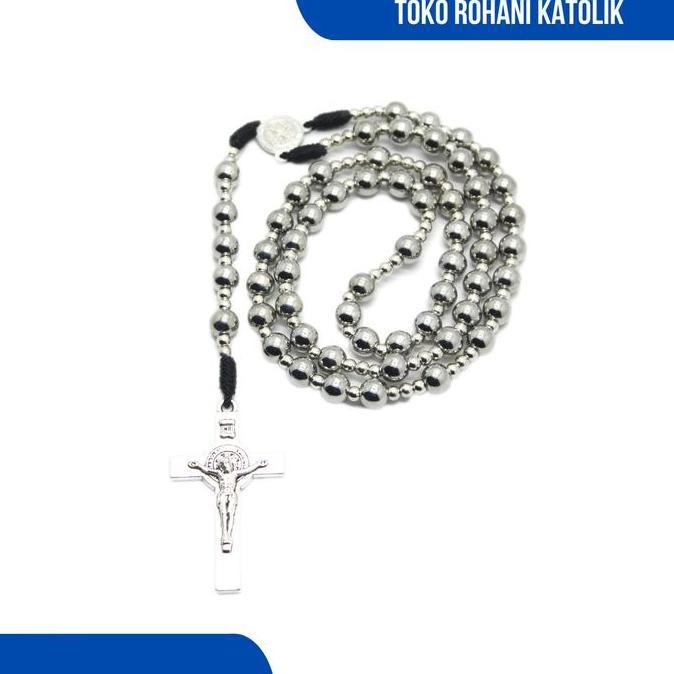 8MM SILVER BENEDICT ROSARY / CATHOLIC BENEDICT ROSARY NECKLACE / ORIGINAL CATHOLIC ROSARY CROSS / CO