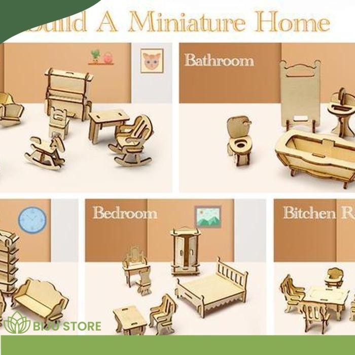3D WOODEN DIY BUILDING MINI FURNITURE PUZZLE WOODEN บ้านตุ๊กตา 34 ชุด