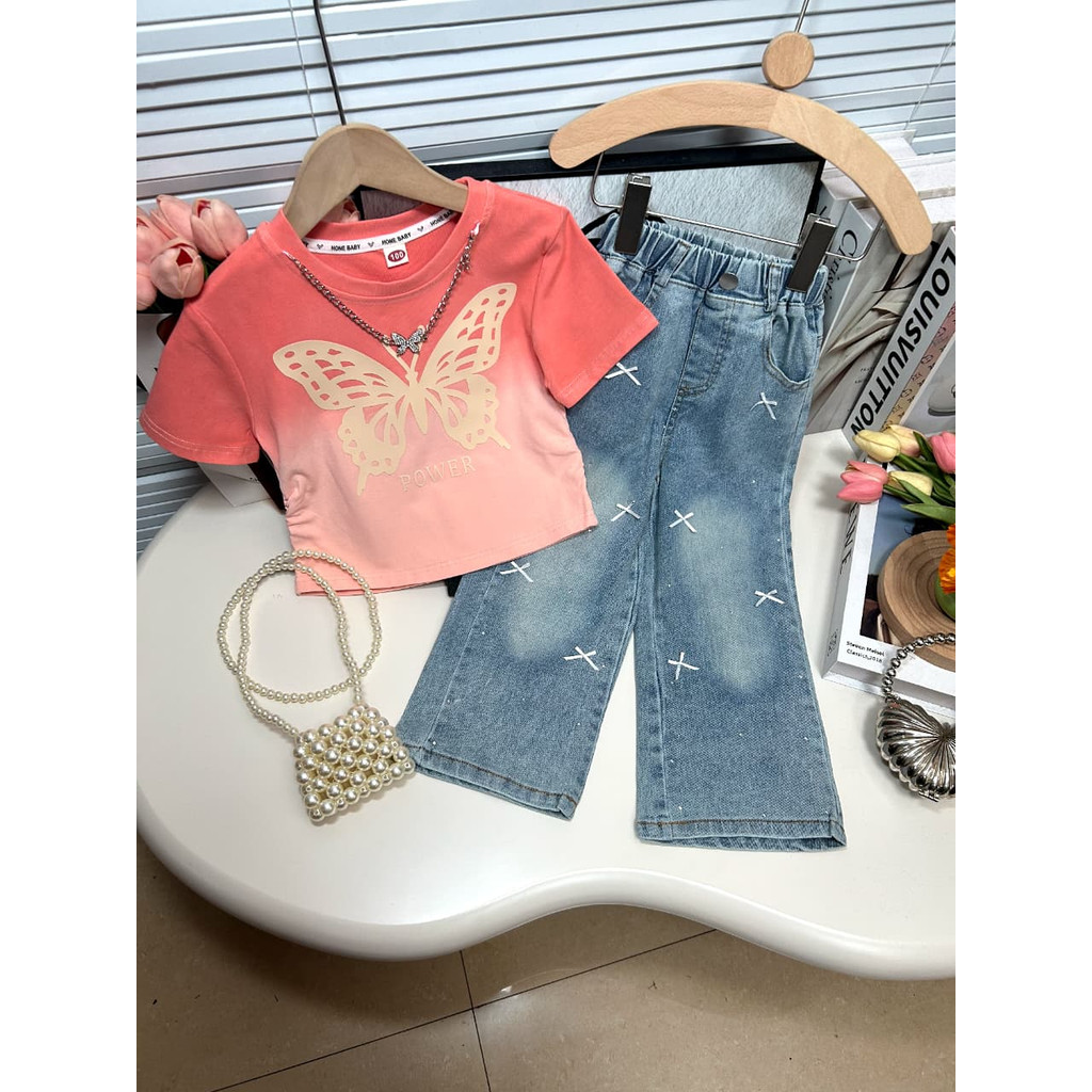 KATUN [Celyne_Label] CTZ05 ชุดเด็กแฟชั่นล่าสุดฟรีสร้อยคอผ้าฝ้ายเสื้อและกางเกงยีนส์ชุดสําหรับสาวขนาด 