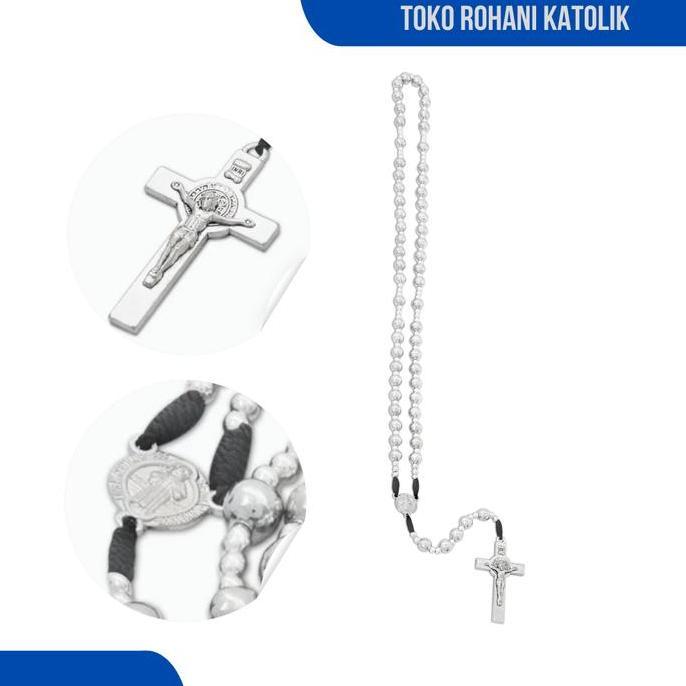 8MM SILVER BENEDICT ROSARY / CATHOLIC BENEDICT ROSARY NECKLACE / ORIGINAL CATHOLIC ROSARY CROSS / CO