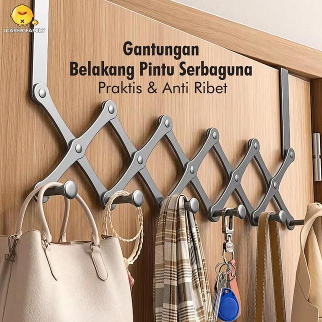 GANTUNGAN Icarer Family ที่แขวนประตูมัลติฟังก์ชั่นแบบไม่มีตะปู ไม้แขวนเสื้อเหล็ก 6 ตะขอ