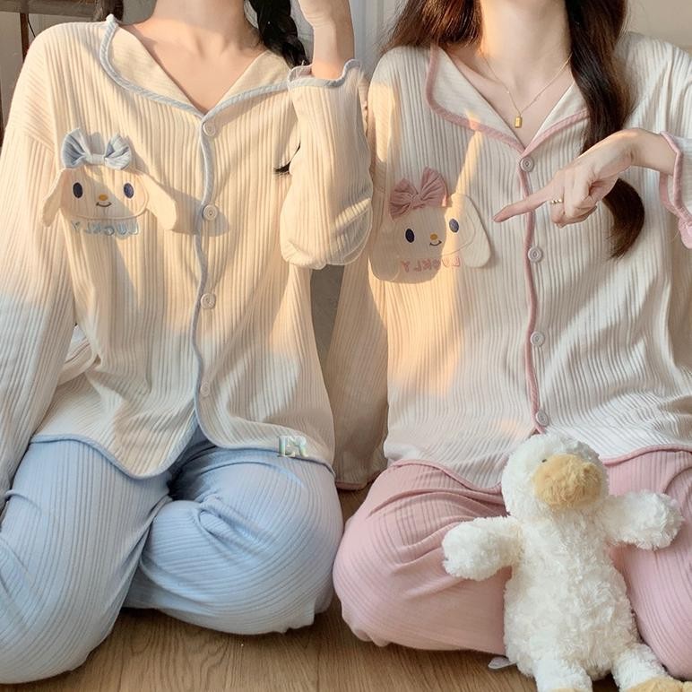 Lnr Shop ชุดนอนสําหรับผู้หญิงผู้ใหญ่แขนยาวและสั้นกางเกงนําเข้า Cinnamoroll คอ V ลายข้อมือ ผ้านุ่ม ทุ