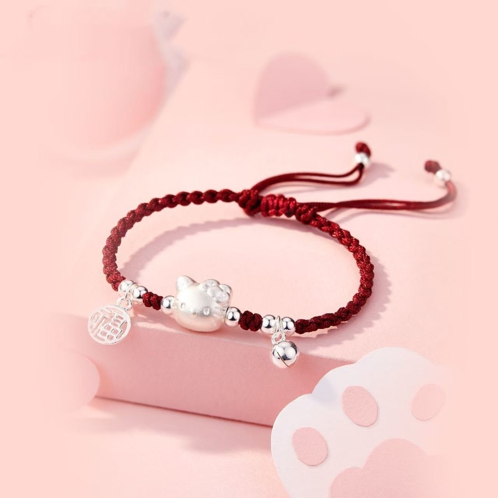 KT Cat Bracelet Womens Silver999Hand-ทอสร้อยข้อมือผู้หญิงน่ารัก
