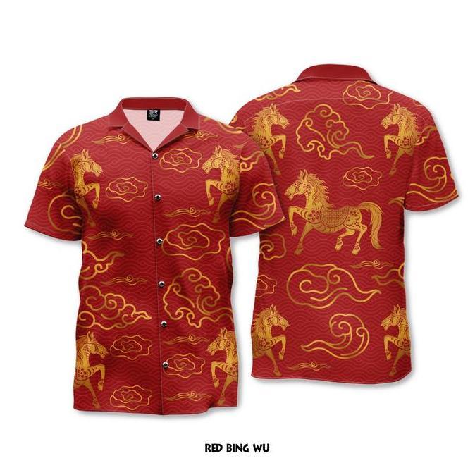 KEMEJA AI39 }} เสื้อเชิ้ตชายหาดลําลองสําหรับผู้ชายผู้หญิงผู้ใหญ่เด็กพิมพ์เต็ม 3R ฉบับตรุษจีน Red Bin