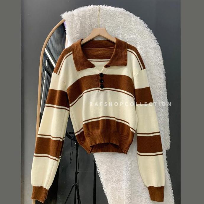 Cntikk- Yejin Polo Crop - Longslve-Knitted Top Button Shirt เสื้อถักนุ่ม เสื้อกันหนาว Oversize ยาวขอ