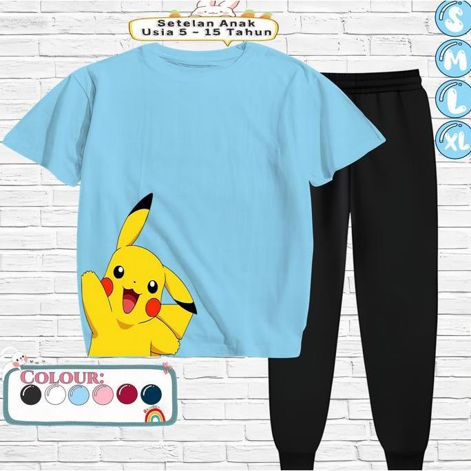 AI3 } ชุดเด็ก Unisex เสื้อยืดและกางเกง Jogger อายุ 5 - 15 ปีเสื้อผ้าแฟชั่น PIKACHU HAPPY Motif