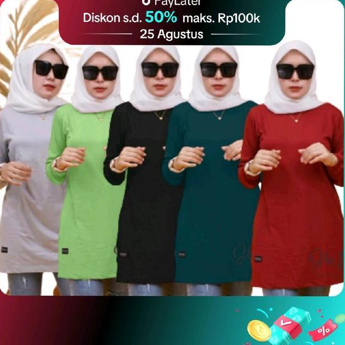 Cntikk- Six Diary Womens Top Plain Tunic พร้อมแขนจีบ Combed Original Plain Long T-Shirt