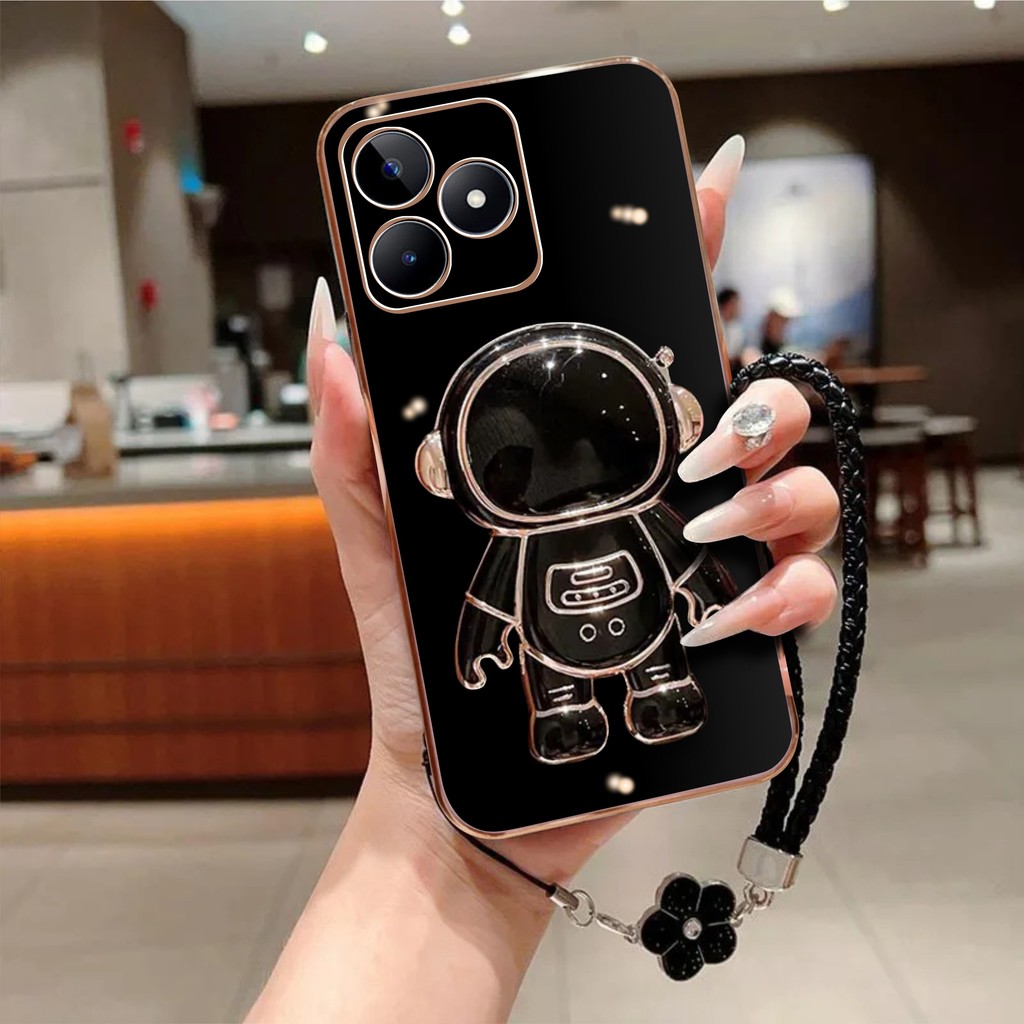 Realme C61 C63 C65 C67 4G Soft Case นักบินอวกาศซิลิโคนชุบผู้ถือฟรีเชือกเส้นเล็กดอกไม้