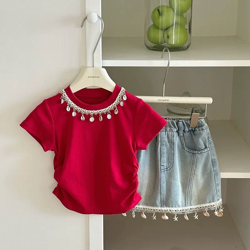 [KIDSWONDERLY] 2061 Glenda Red Rombey Wrinkles Side Set + กระโปรงยีนส์เด็กผู้หญิง