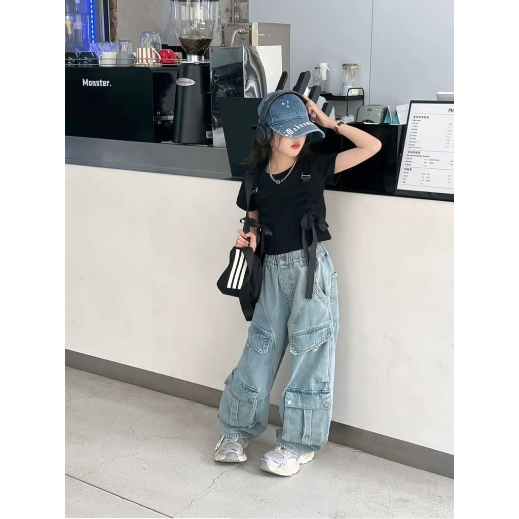 [Celyne_Lbel] CTZ31 ชุดเด็กแฟชั่นล่าสุด [ฟรีสร้อยคอ] ชุดกางเกงยีนส์คาร์โก้แฟชั่นล่าสุดขนาด 100-170