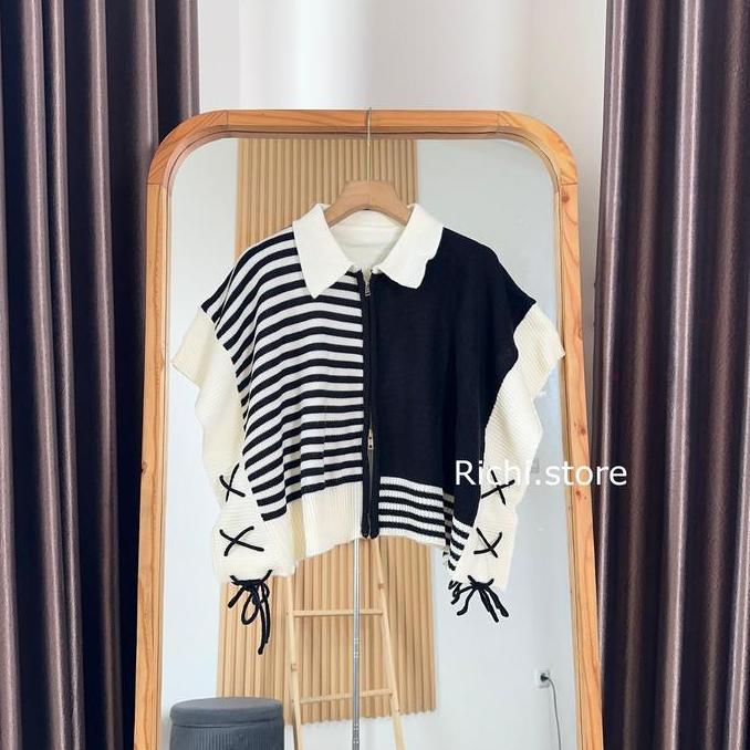 Cntikk- Tinesha Vest Crop Zipper เสื้อถักผู้หญิงลายคอปกเสื้อกั๊ก
