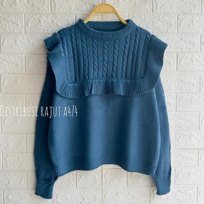 AI128 - SAN 376 BRAID KNIT SWETER Round Collar RUFFEL CABLE MOTIF WOMEN LONG SLEEVE