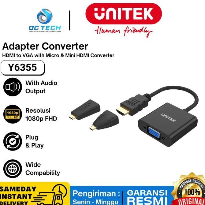 จัดส่งฟรี - HDMI TO VGA CONVERTER พร้อมอะแดปเตอร์ MICRO และ MINI HDMI UNITEK Y6355