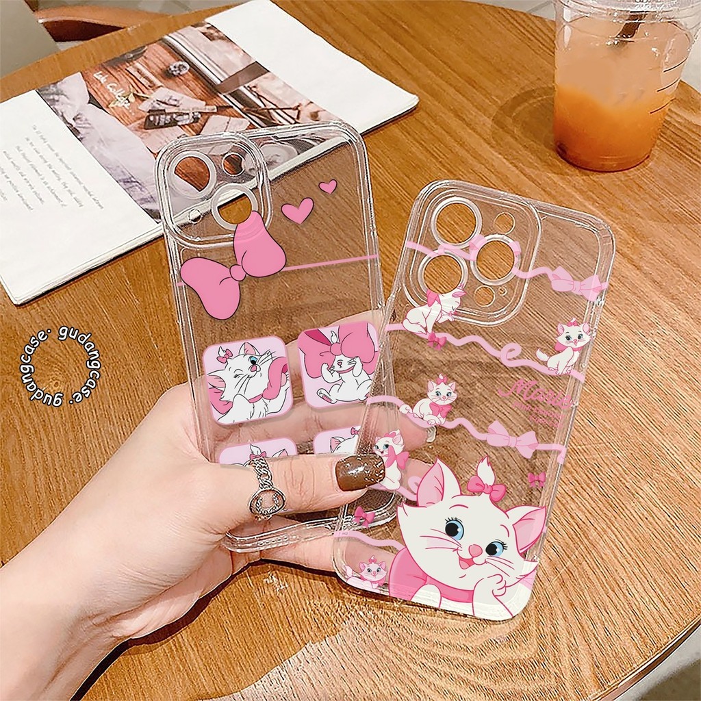 CASE CASING CLEAR CASE MOTIF แมวสีขาวในสีชมพูคือ HAPPY สําหรับ VIVO Y02 Y03 Y04 Y11 Y15S Y16 Y17S Y1