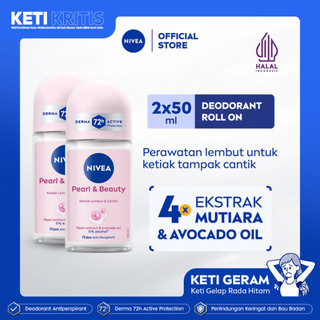 (PAKET HEMAT ISI 2) NIVEA Deodorant Roll On Pearl & Beauty 50ml - Deodoran wanita mencerahkan brightening glowing kulit ketiak halus tahan keringat dan anti bau badan - Antiperspiran, Ekstrat mutiara, Avocado oil, 0% alkohol cocok semua jenis kulit