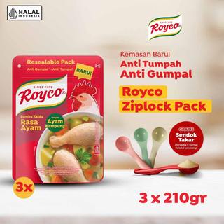 [BARU! GRATIS SENDOK TAKAR] Royco Ziplock Pack Bumbu Kaldu Penyedap Rasa Ayam Kampung dengan Kaldu Gold Standard 210g x 3 - Kemasan Baru Ziplock Standing Anti Tumpah Anti Gumpal