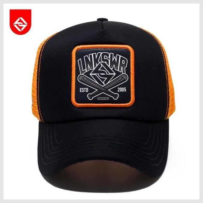 MERAH LINKSWEAR Trucker Hat Mesh Hat Mens Distro Hat black Orange 089 black Red