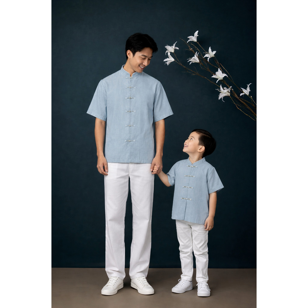 Zihao Cheongsam Denim สี Cheongsam คู่พ่อ & Boy CNY ตรุษจีน Cheongsam เสื้อผ้าสําหรับเด็กและผู้ใหญ่