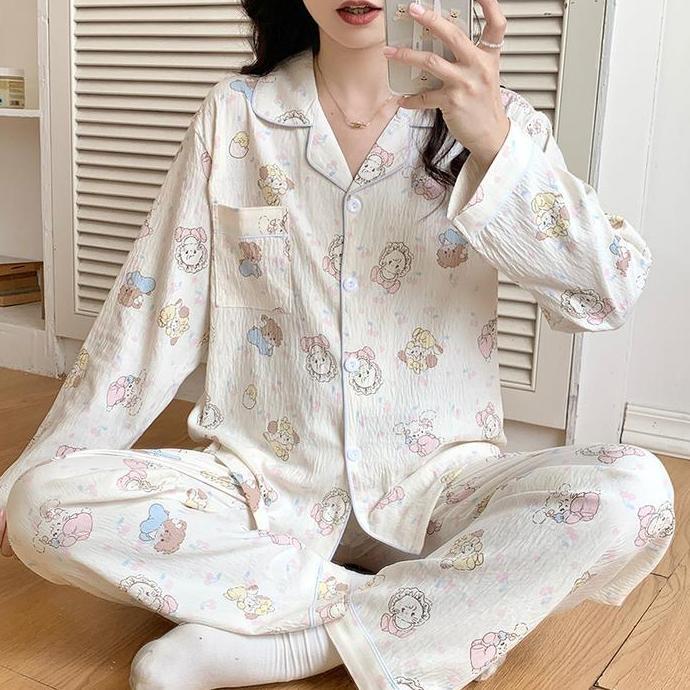 LNR Shop ชุดนอนชุดนอนกางเกงแขนยาวนําเข้า Full Live ปุ่มกระเป๋าคอ V รูปร่าง Vintage Motif ชุดนอนชุดลํ