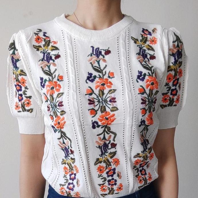 C828 RORRA EMBROIDEREDKNITTEF TOP นําเข้าดอกไม้ถักเสื้อแขนสั้น HT