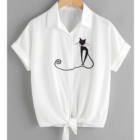 Putih KEMEJA เสื้อชายหาดเสื้อลําลองชายหาด Retro Crop Top Tie แขนสั้นสีขาวผู้หญิง