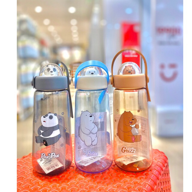 ขวด MINISO WE BARE BEARS ขวดเครื่องดื่มพลาสติก 600 มล. WBB PANDA GRIZZ ICE BEAR
