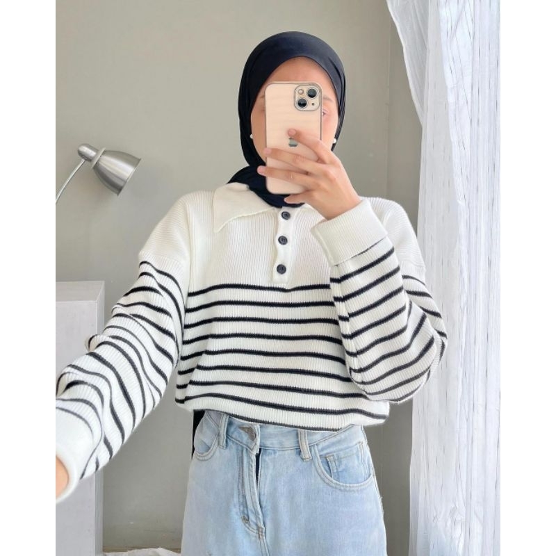 Stripes Polo Knit By Edmee_outfit