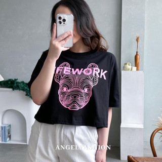 เสื้อครอปท็อป LIFE WORK BULLDOG TSHIRT แฟชั่นเกาหลี