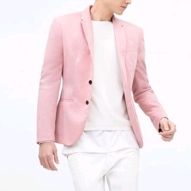 เบลเซอร์ผู้ชายสีชมพูสไตล์เกาหลีมีกระดุมสองเม็ด