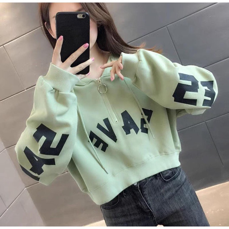 Hoodie SAVE CROP ZIPPER RING SWEATER CROP TOP ผู้หญิง