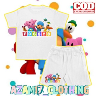 ชุดเสื้อยืด กางเกงขาสั้น พิมพ์ลายการ์ตูนภาพยนตร์ Pocoyo สําหรับเด็กผู้ชาย และเด็กผู้หญิง