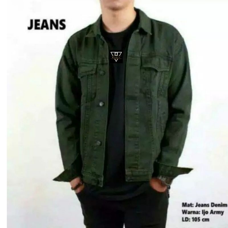 HIJAU แจ็คเก็ตยีนส์สีเขียว ARMY สําหรับผู้ชาย M~XXXL เสื้อแจ็คเก็ตยีนส์หนาสําหรับผู้ชายผู้ใหญ่