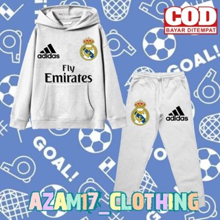 เสื้อแจ็กเก็ตสูท มีฮู้ด และกางเกงจ็อกกิ้ง ลายทีมฟุตบอล Real Madrid CF สําหรับเด็กผู้ชาย และเด็กผู้หญิง